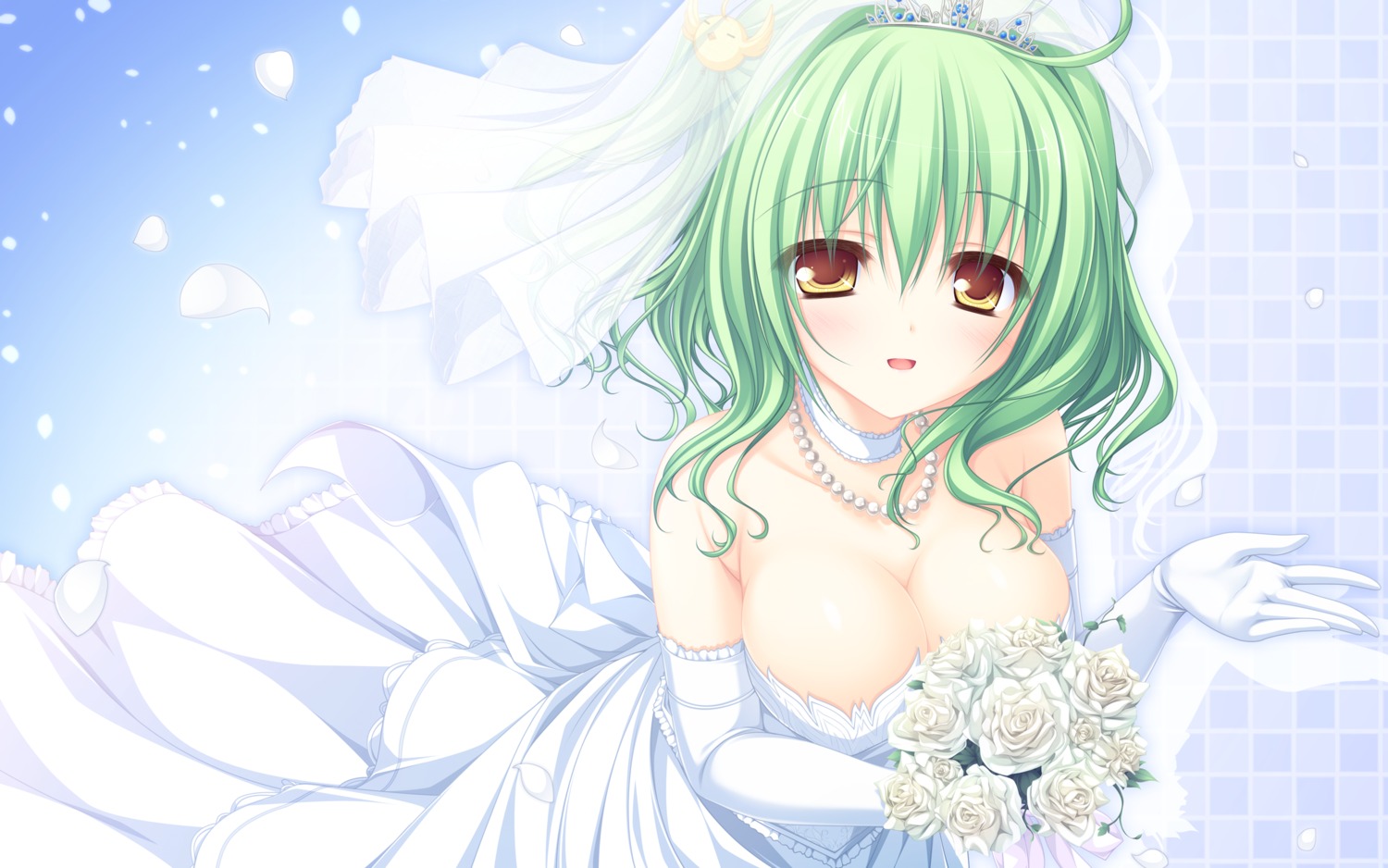 cleavage, dress, hinohara_tamako, lunaris_filia, mikagami_mamizu, wallpaper, wedding_dress, whirlpool