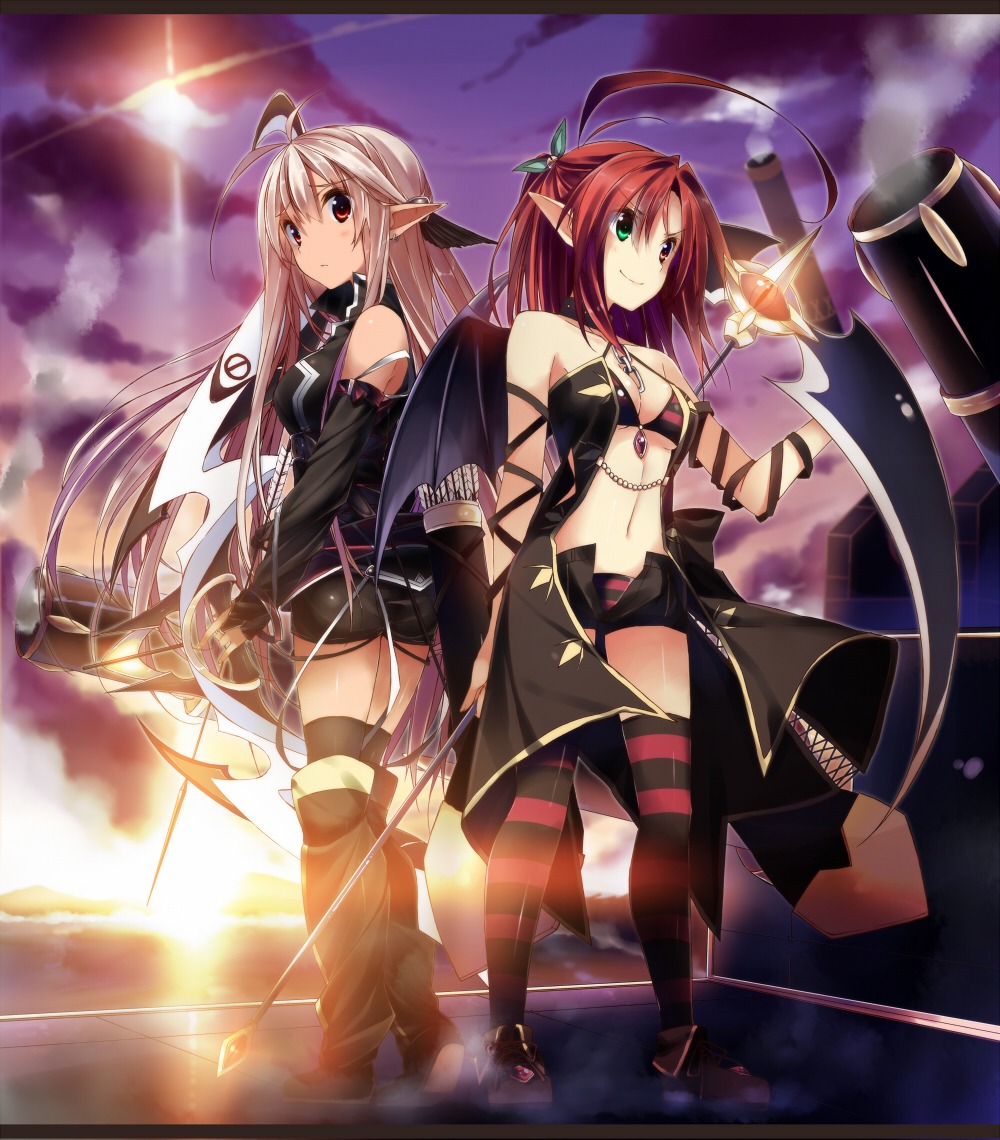 cleavage, elf, heterochromia, kuwashima_rein, pixiv_fantasia, pixiv_fantasia_sword_regalia, pointy_ears, thighhighs, wings