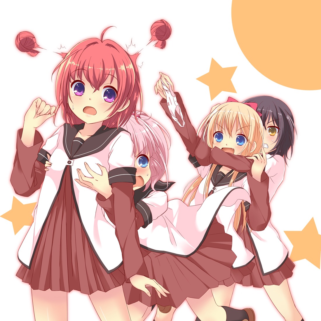 akaza_akari, breast_grab, fumika_(moeshin), funami_yui, seifuku, toshinou_kyouko, yoshikawa_chinatsu, yuru_yuri