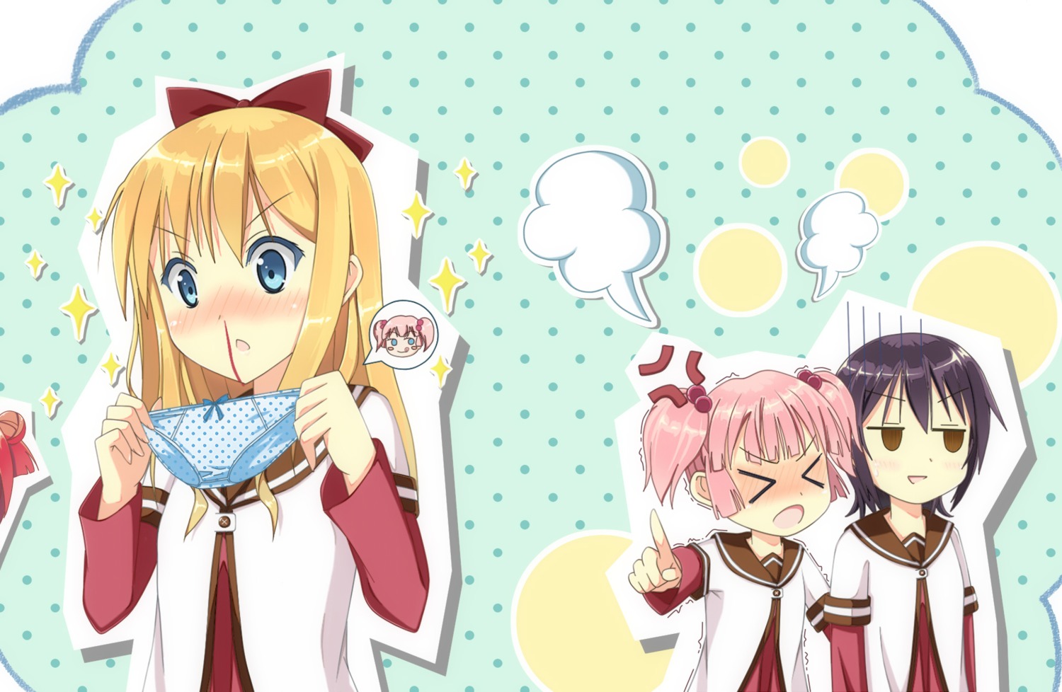 akaza_akari, blood, funami_yui, keikei, pantsu, seifuku, toshinou_kyouko, yoshikawa_chinatsu