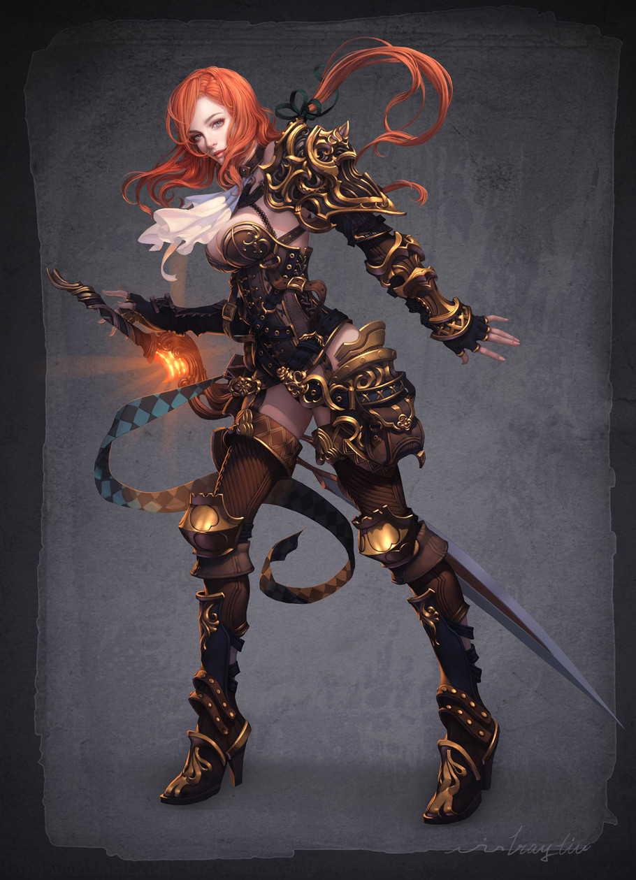armor, cleavage, jpeg_artifacts, lange, sword, thighhighs