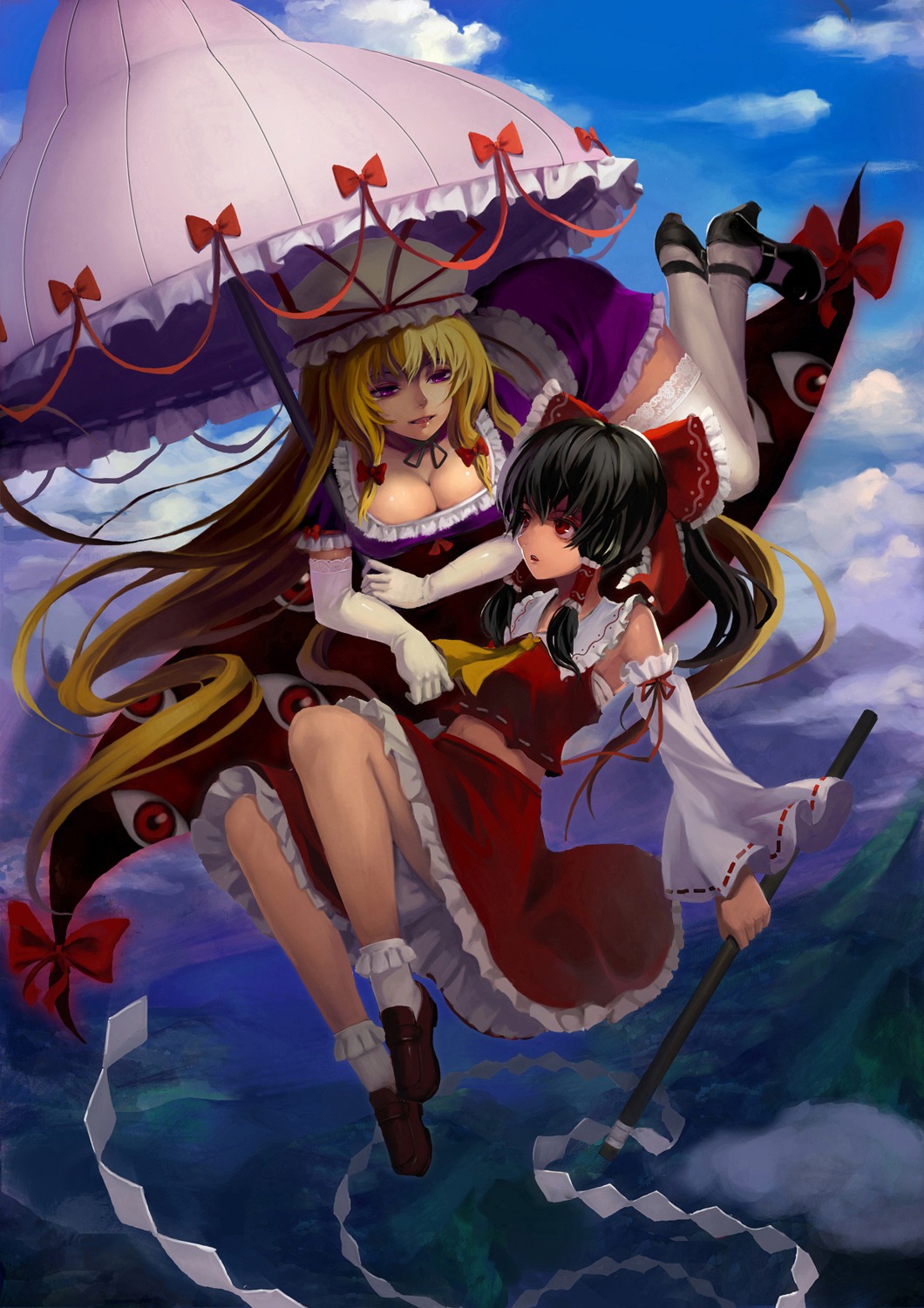 cleavage, hakurei_reimu, thighhighs, touhou, yakumo_yukari, zqf