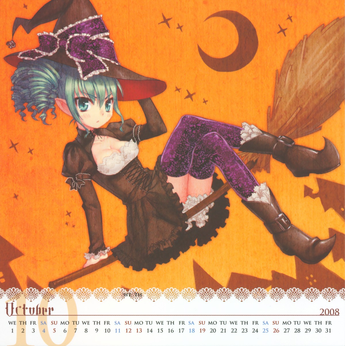 asaki_yuzuno, calendar, cleavage, lolita_fashion, pointy_ears, thighhighs, witch