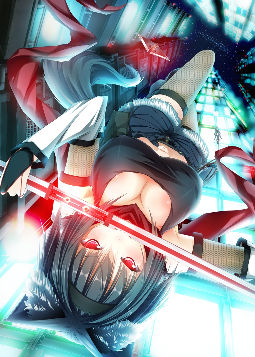 animal_ears, cleavage, fishnets, nekomimi, re:n_ne, sword, tail, thighhighs