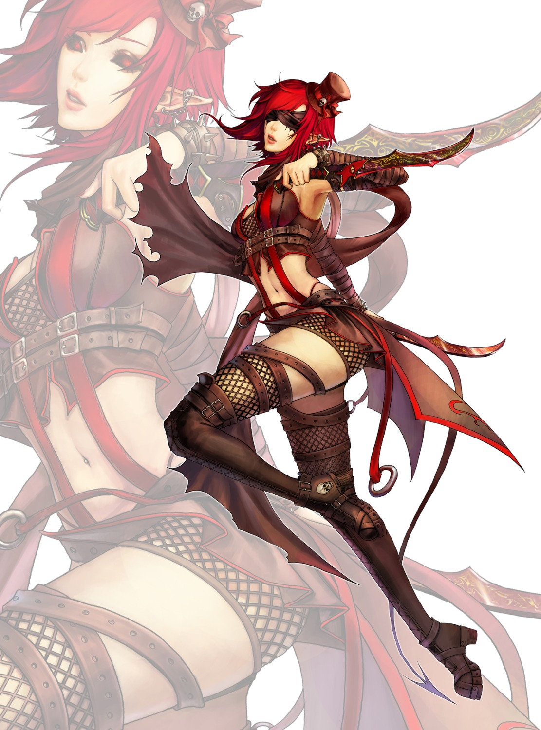 cleavage, elf, fishnets, noa_ikeda, pointy_ears, thighhighs