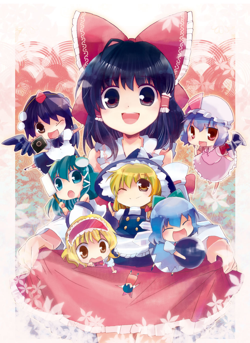 alice_margatroid, chibi, cirno, hakurei_reimu, kirisame_marisa, kochiya_sanae, miko, remilia_scarlet, shameimaru_aya, suzune_yuuji, touhou, wings, witch