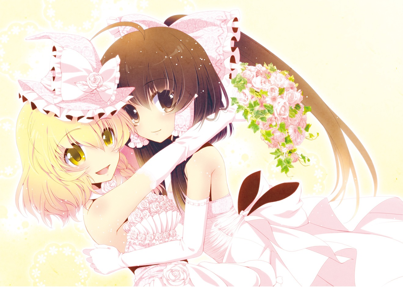 dress, hakurei_reimu, kirisame_marisa, touhou, tsukasaki_aoi, wedding_dress