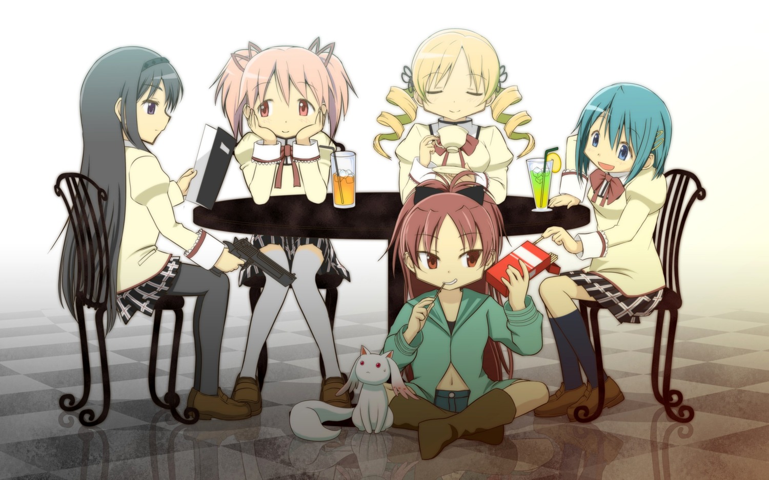 akemi_homura, gun, jpeg_artifacts, kaname_madoka, kyubey, mahou_shoujo_madoka_magica, miki_sayaka, pantyhose, sakura_kyouko, seifuku, shiroi_karasu, thighhighs, tomoe_mami