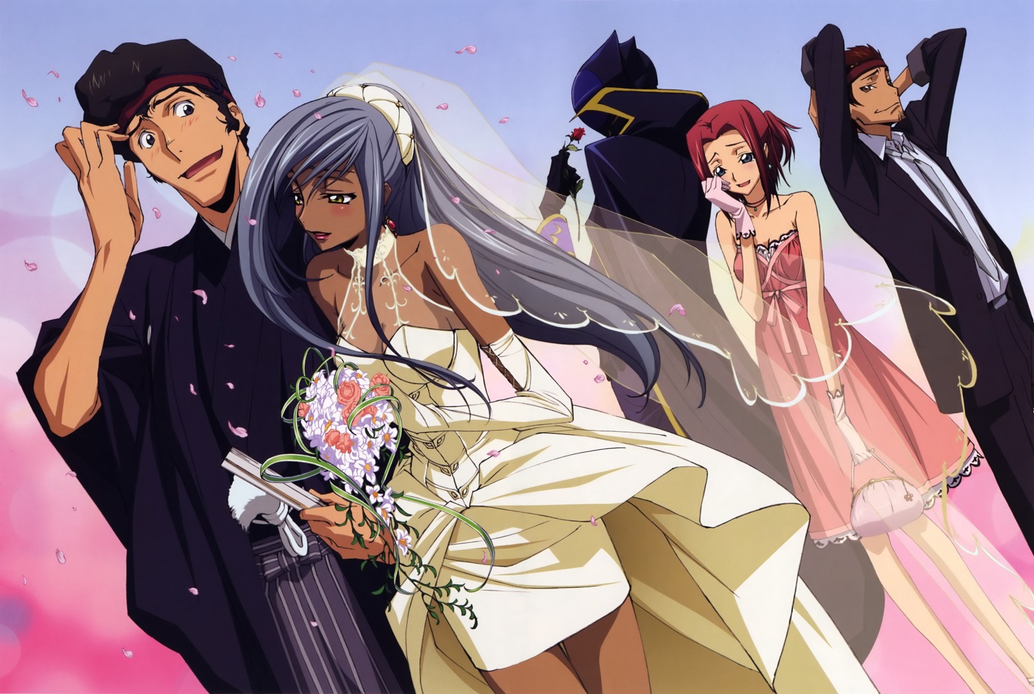 chiba_yuriko, code_geass, dress, kallen_stadtfeld, ougi_kaname, tamaki_shinichirou, viletta_nu, wedding_dress, zero_(code_geass)
