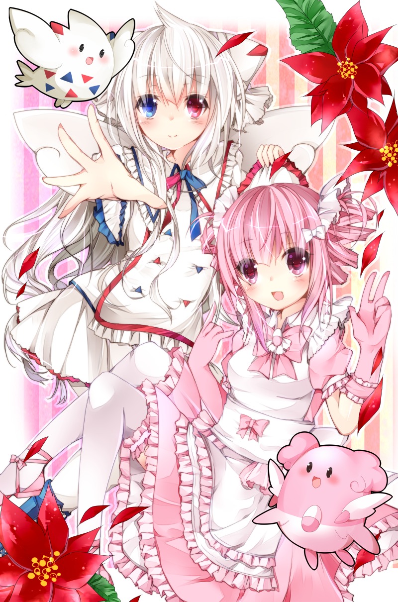 anthropomorphization, blissey, dress, heterochromia, homadelic, pokemon, thighhighs, togekiss