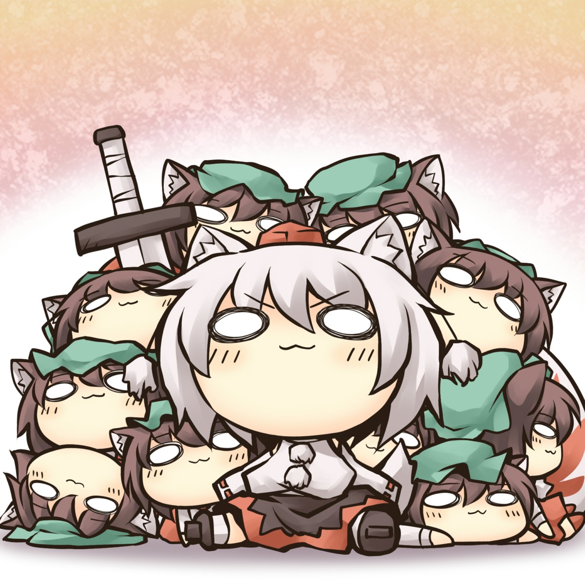 animal_ears, chen, chibi, inubashiri_momiji, nekoguruma, nekomimi, touhou