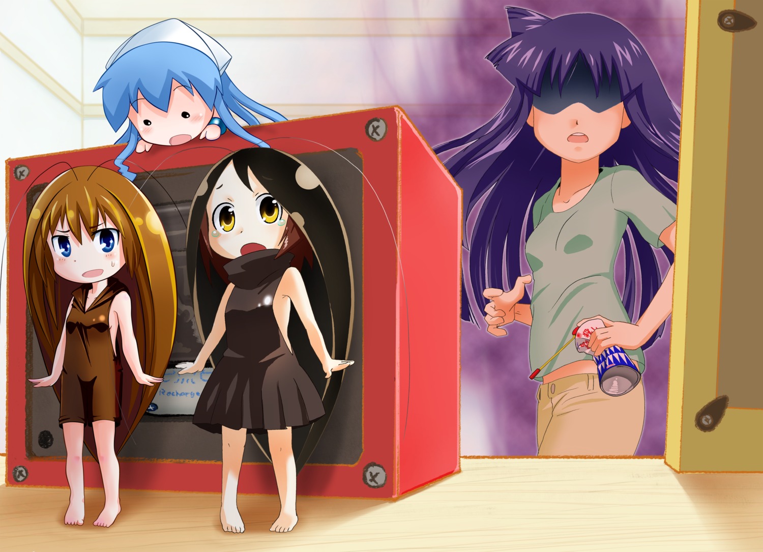 aizawa_chizuru, chaba, chibi, crossover, gokiburi_gijinka, gokicha, ikamusume, rokushaku_neko, shinryaku!_ikamusume