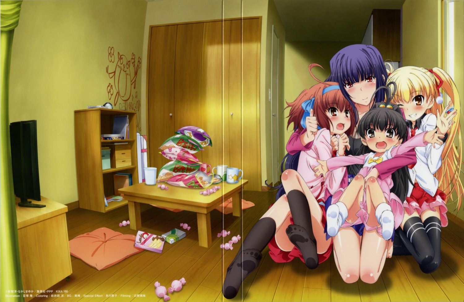 binding_discoloration, crease, mamezuka_takashi, oda_raika, papa_no_iukoto_wo_kikinasai!, seifuku, takanashi_hina, takanashi_miu