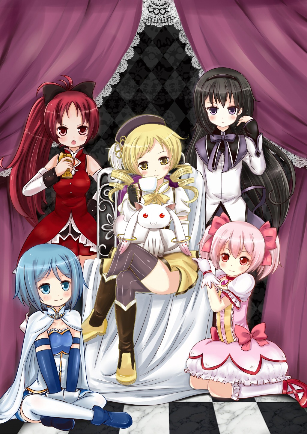 akemi_homura, kaname_madoka, kyubey, linda_b, mahou_shoujo_madoka_magica, miki_sayaka, sakura_kyouko, thighhighs
