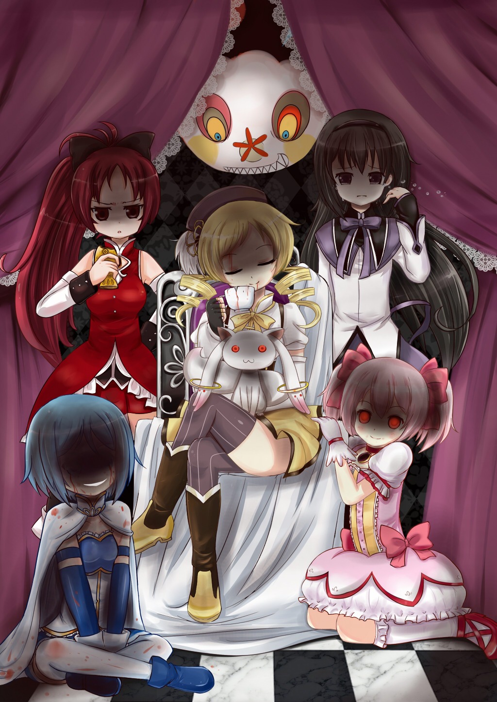 akemi_homura, blood, charlotte_(madomagi), kaname_madoka, kyubey, linda_b, mahou_shoujo_madoka_magica, miki_sayaka