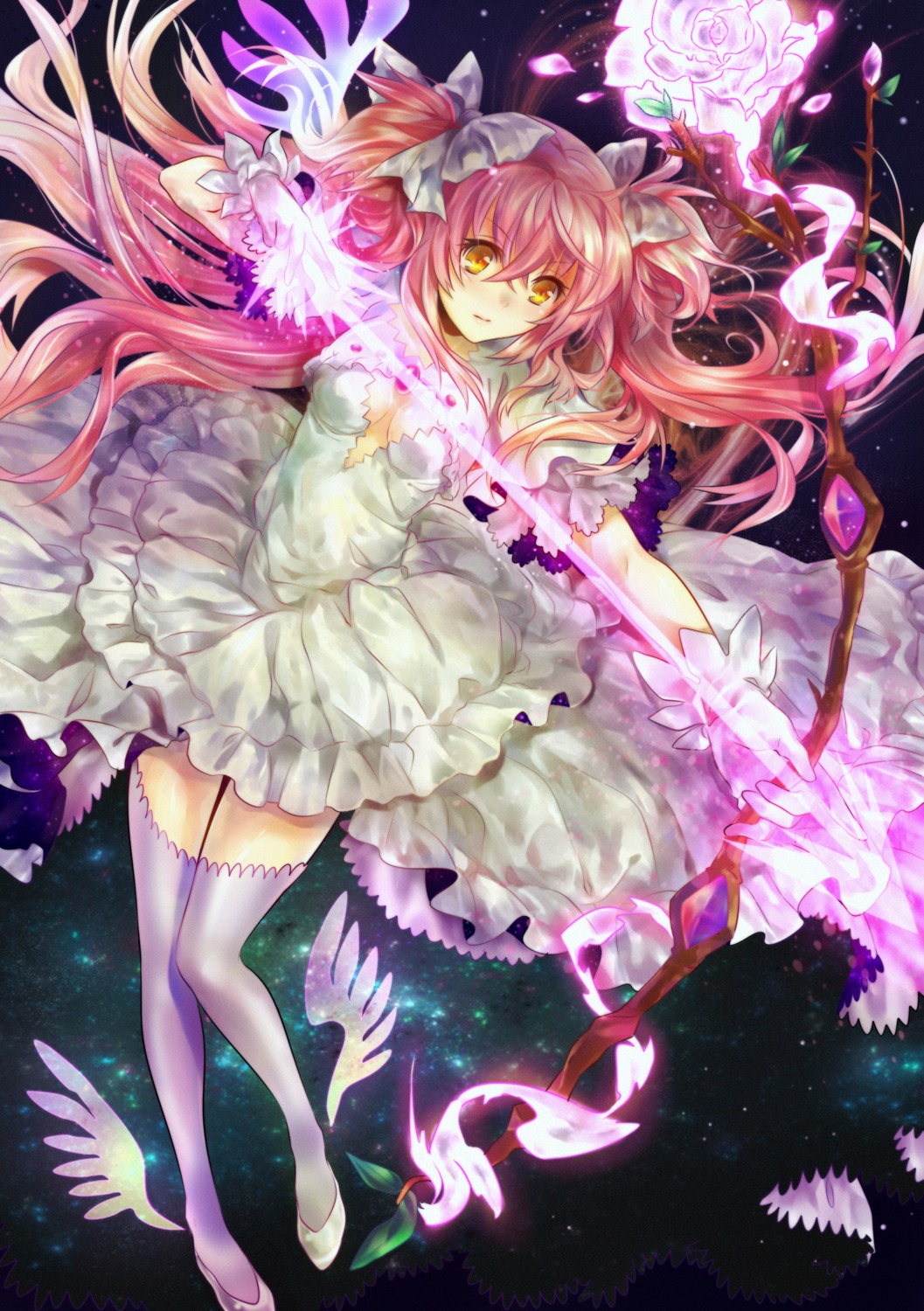 cleavage, dress, kaname_madoka, madogawa, mahou_shoujo_madoka_magica, thighhighs, ultimate_madoka, weapon
