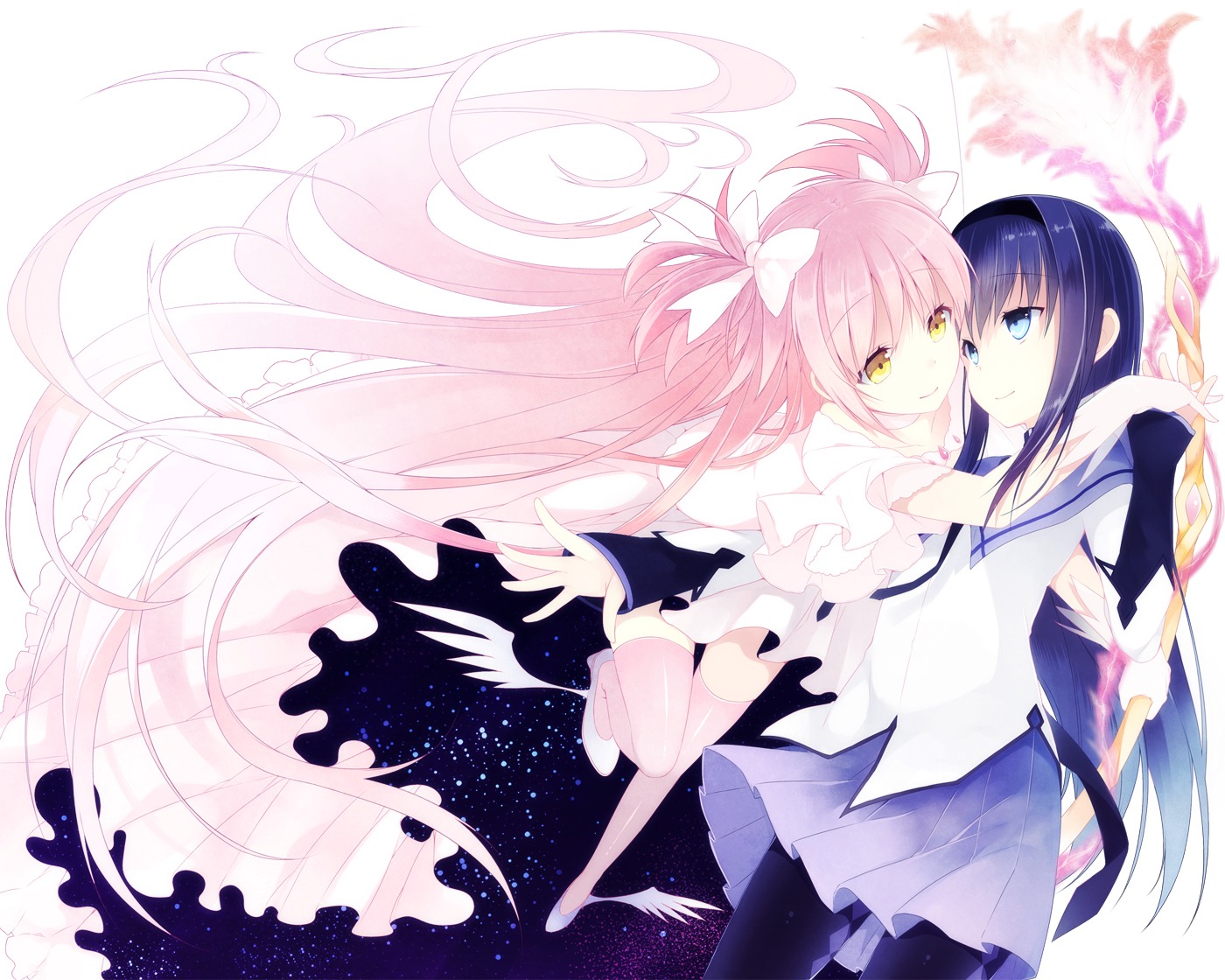 akemi_homura, hase_neet, kaname_madoka, mahou_shoujo_madoka_magica, thighhighs, ultimate_madoka, yuri