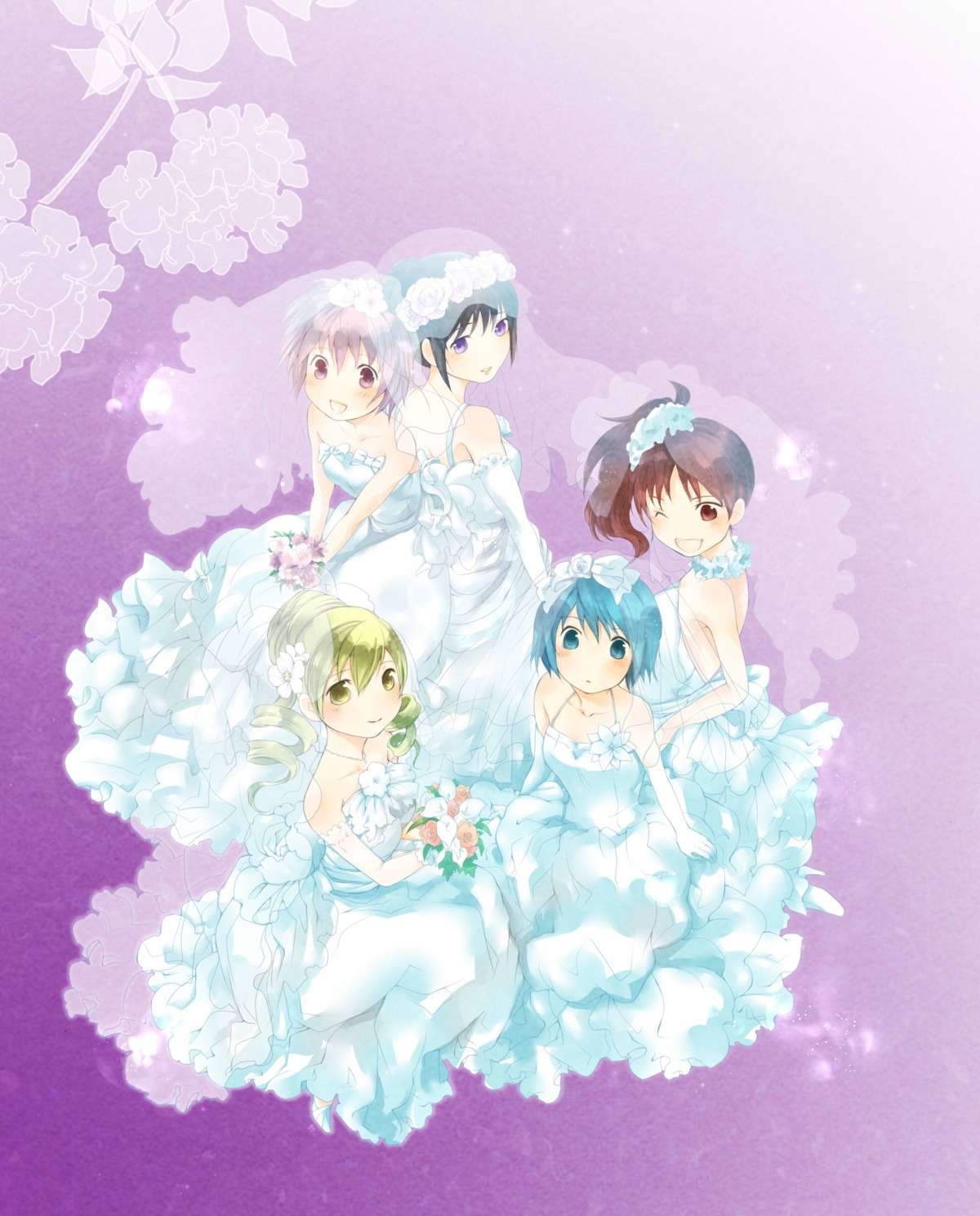 akemi_homura, dress, isa_(chiyo-s), kaname_madoka, mahou_shoujo_madoka_magica, miki_sayaka, sakura_kyouko, tomoe_mami, wedding_dress