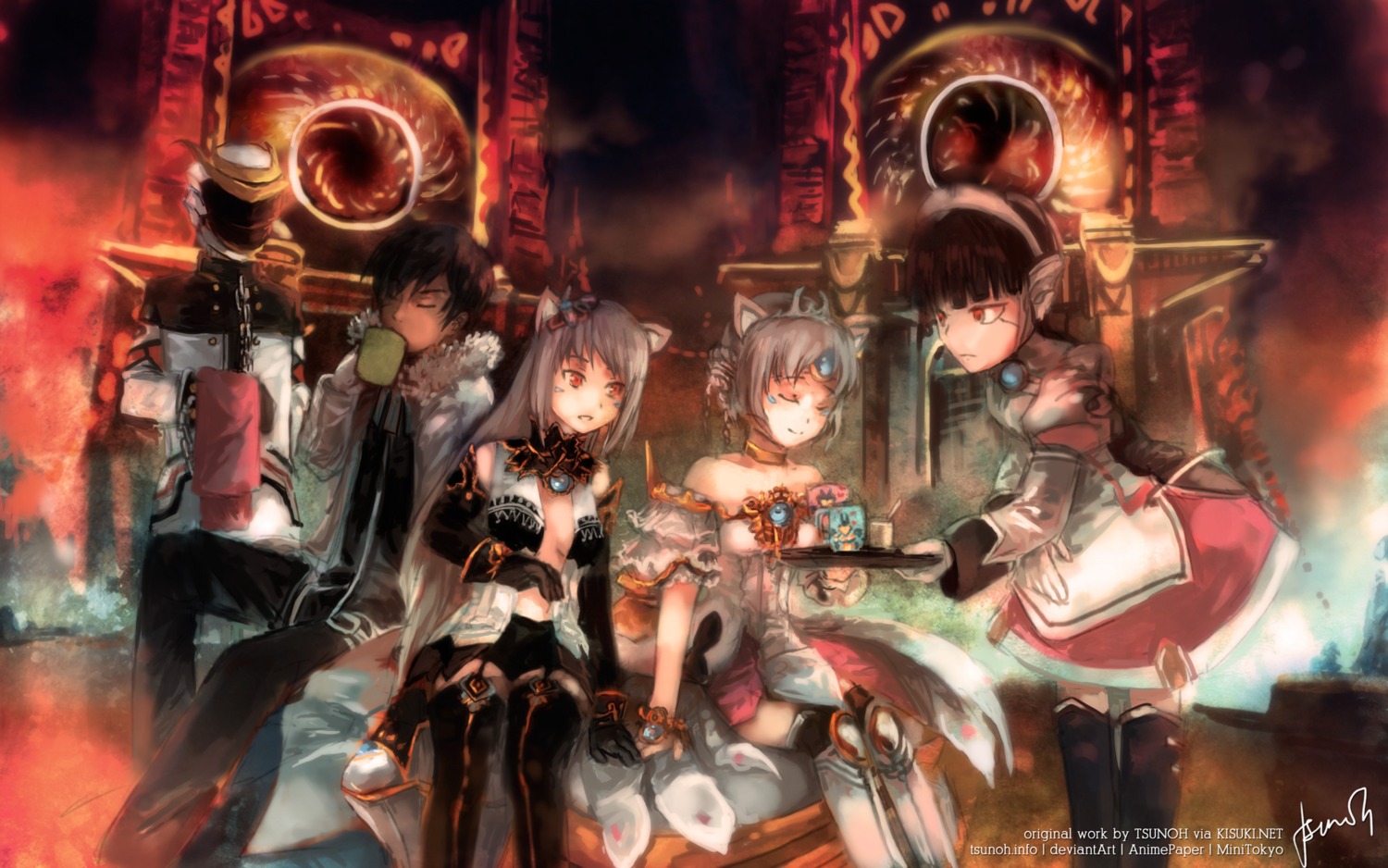 animal_ears, elsword, eve_(elsword), raven_(elsword), thighhighs, tsunoh, wallpaper, watermark