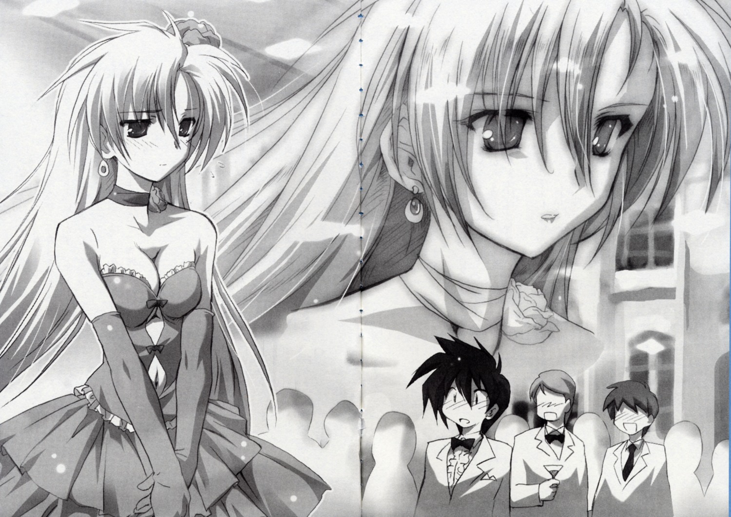 cal_ruslan, cleavage, crease, deep-blue_series, dress, komatsu_e-ji, monochrome, shirogane_no_cal_to_soukuu_no_joou