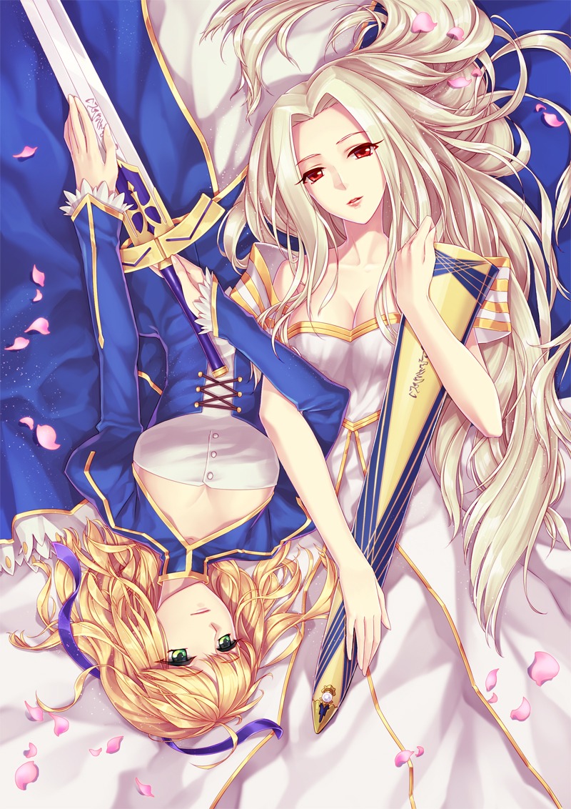 artoria_pendragon_(fate), cleavage, dress, fate/stay_night, fate/zero, irisviel_von_einzbern, sword, yer_en