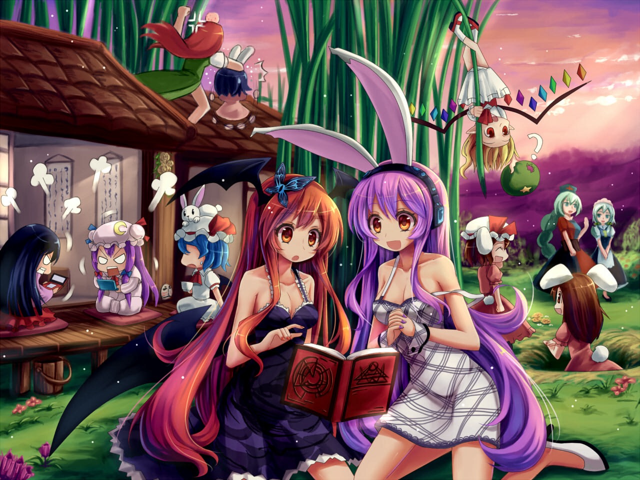 animal_ears, cleavage, dress, flandre_scarlet, hong_meiling, hoshi_no_gen, houraisan_kaguya, inaba_tewi, izayoi_sakuya, jpeg_artifacts, koakuma, patchouli_knowledge, reisen_udongein_inaba, remilia_scarlet, touhou, wallpaper, wings, yagokoro_eirin