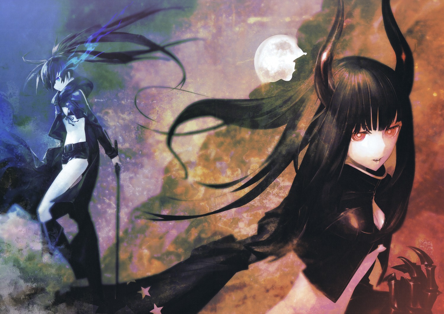 bikini_top, black_gold_saw, black_rock_shooter, black_rock_shooter_(character), cleavage, horns, huke, swimsuits