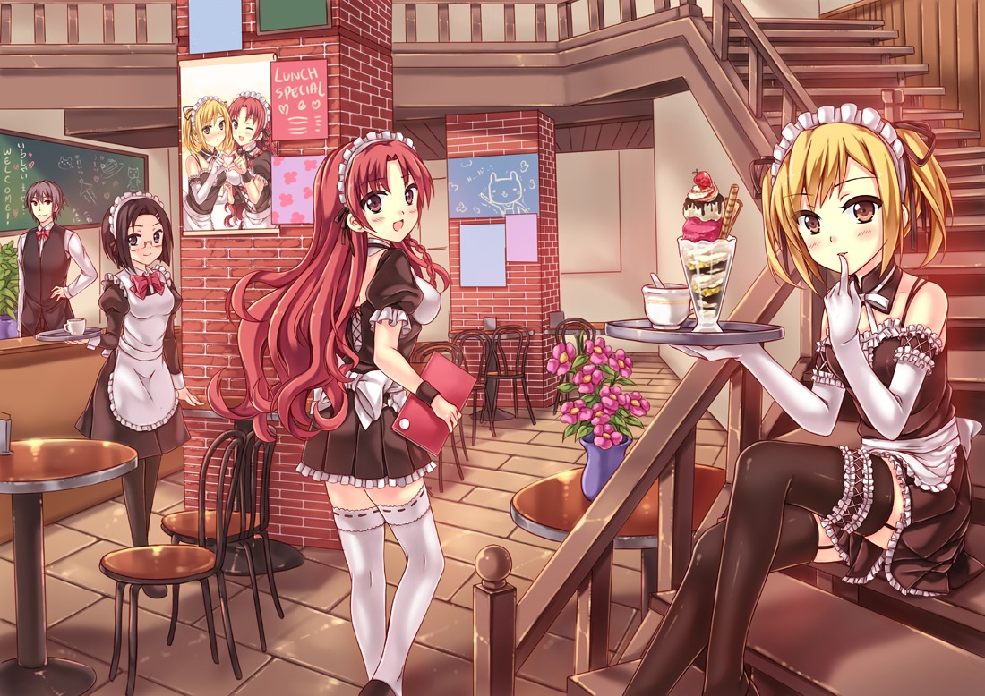 garter, maid, megane, peach, stockings, thighhighs, waitress