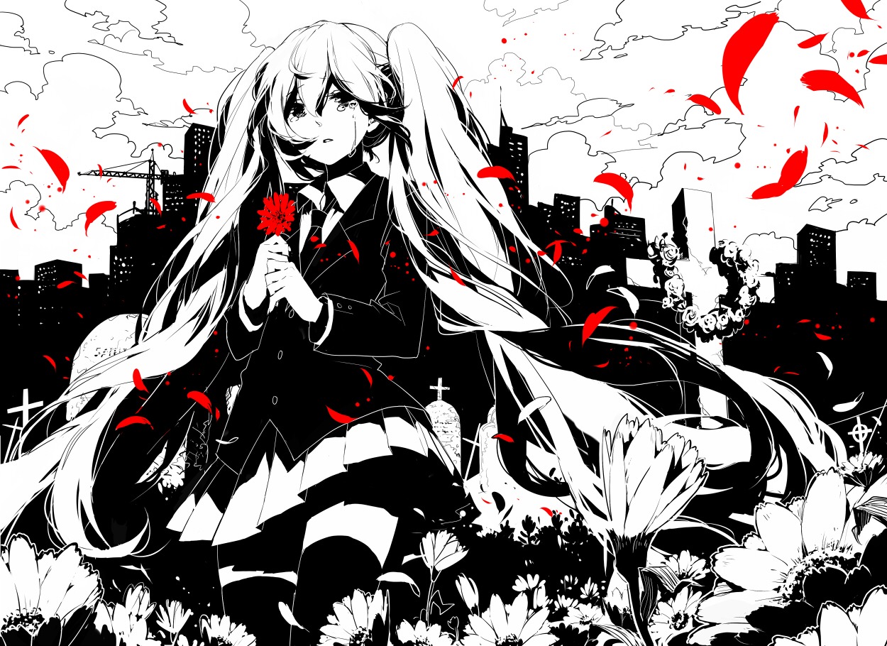 hatsune_miku, monochrome, rella, saihate_(vocaloid), seifuku, thighhighs, vocaloid