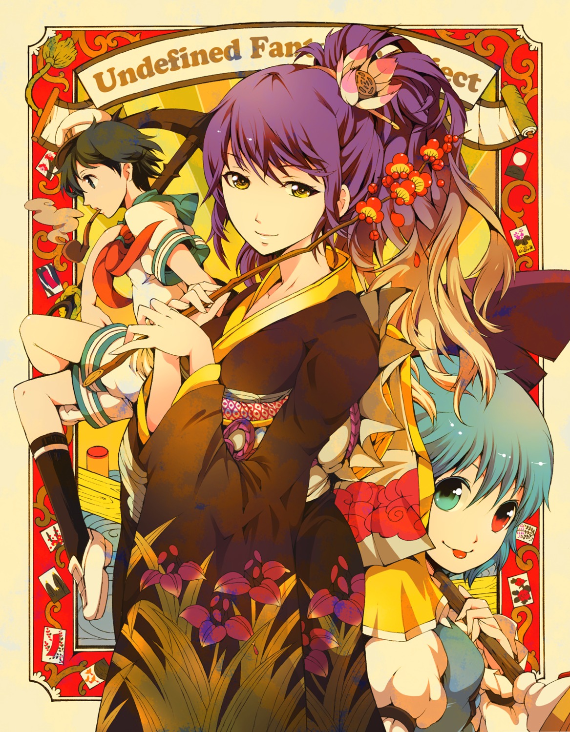 heterochromia, hijiri_byakuren, ichizen_(o_tori), murasa_minamitsu, smoking, tatara_kogasa, touhou, yukata