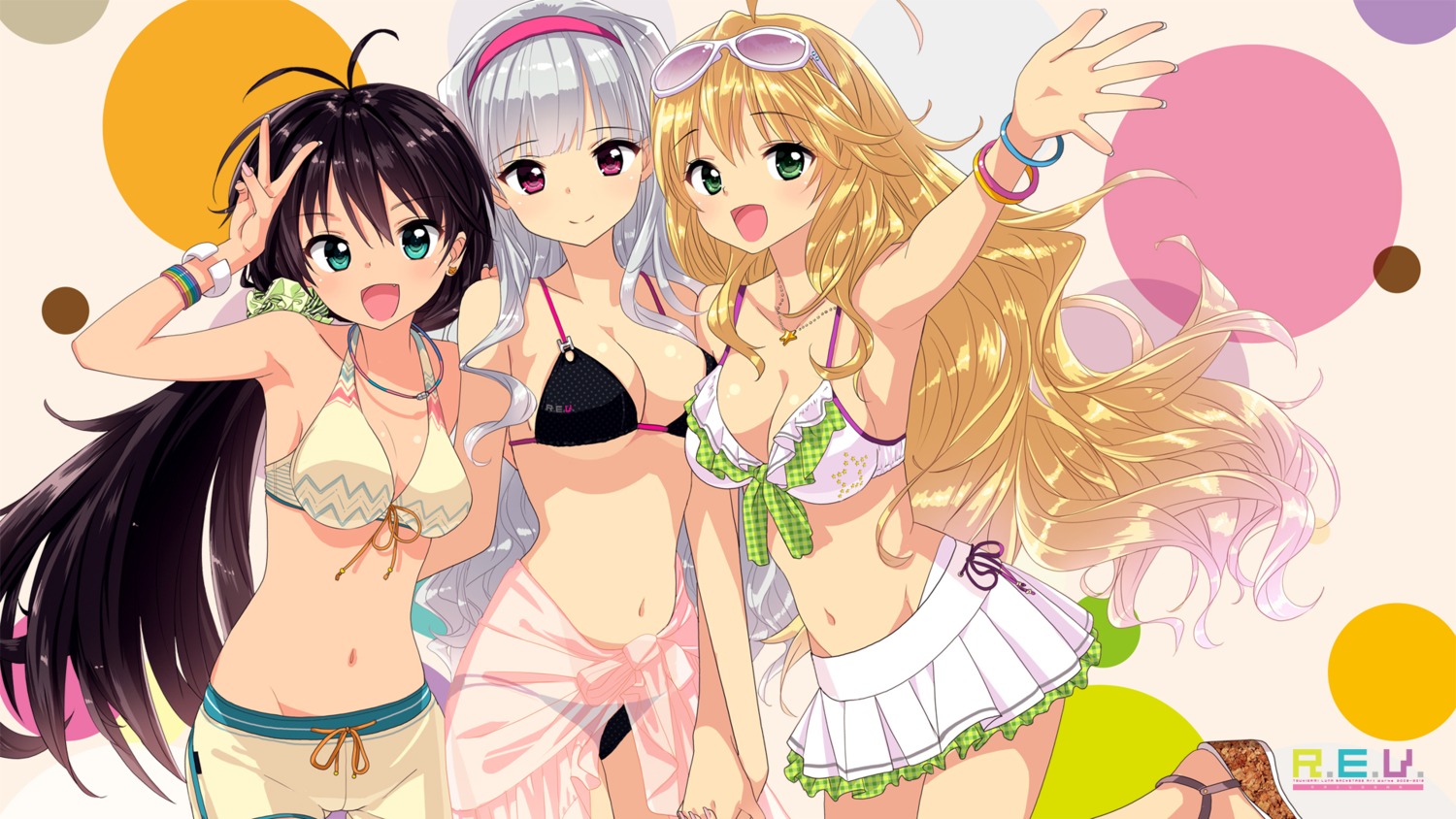 bikini, cleavage, ganaha_hibiki, hoshii_miki, lunatic_joker, megane, shijou_takane, swimsuits