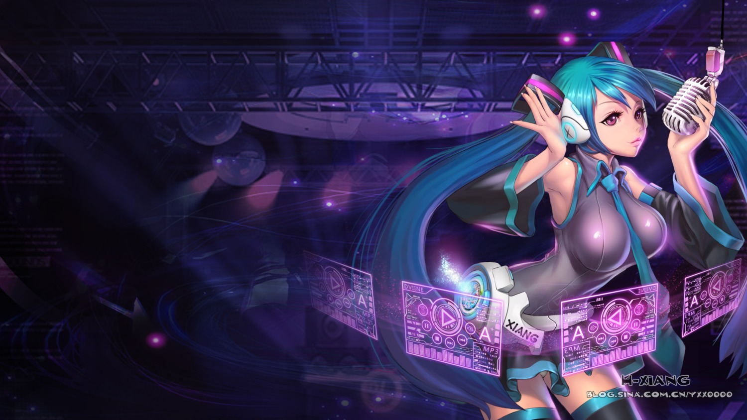 hatsune_miku, headphones, pantsu, thighhighs, vocaloid, wallpaper, xiang