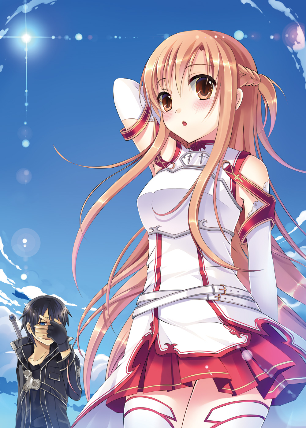 asuna_(sword_art_online), hanahanamaki, kirito, sword, sword_art_online, thighhighs