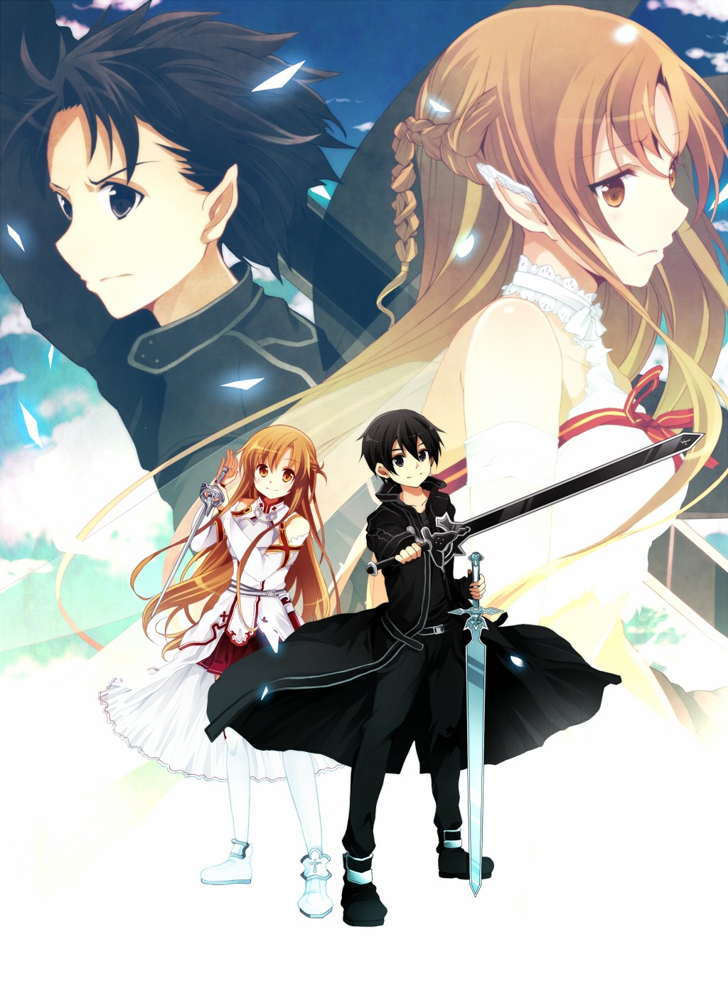 alfheim_online, asuna_(sword_art_online), asuna_(titania), elf, hanahubuki_deluxe., kirito, pointy_ears, sword, sword_art_online