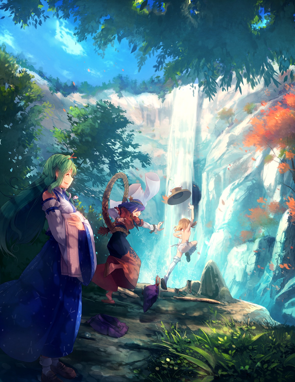 eho_(icbm), kochiya_sanae, moriya_suwako, pantsu, thighhighs, topless, touhou, undressing