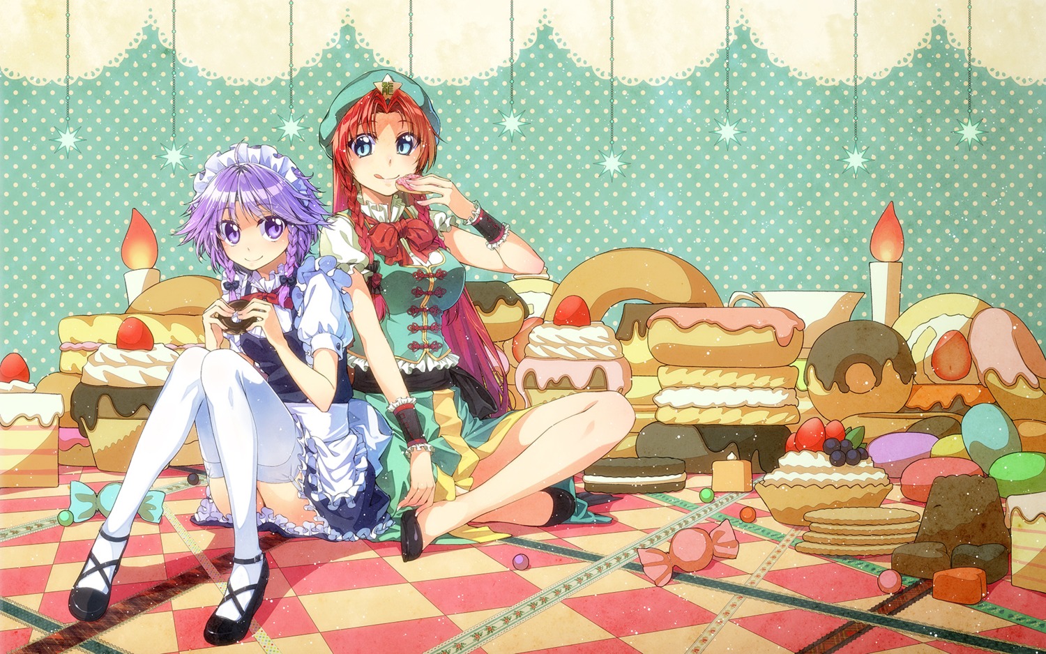 hakui_ami, hong_meiling, izayoi_sakuya, thighhighs, touhou, wallpaper