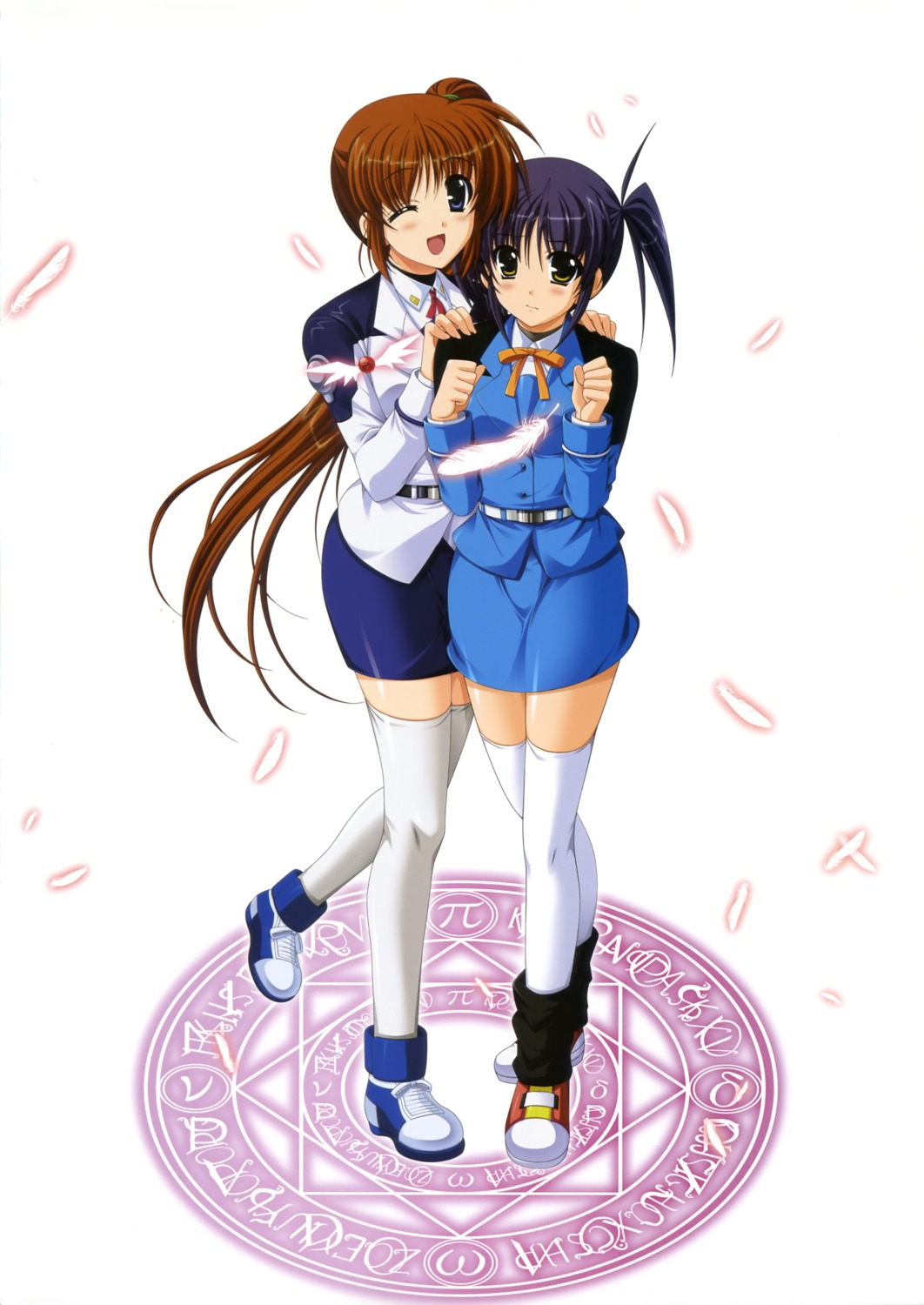 higa_yukari, isis_eaglet, jpeg_artifacts, mahou_senki_lyrical_nanoha_force, mahou_shoujo_lyrical_nanoha, takamachi_nanoha, thighhighs