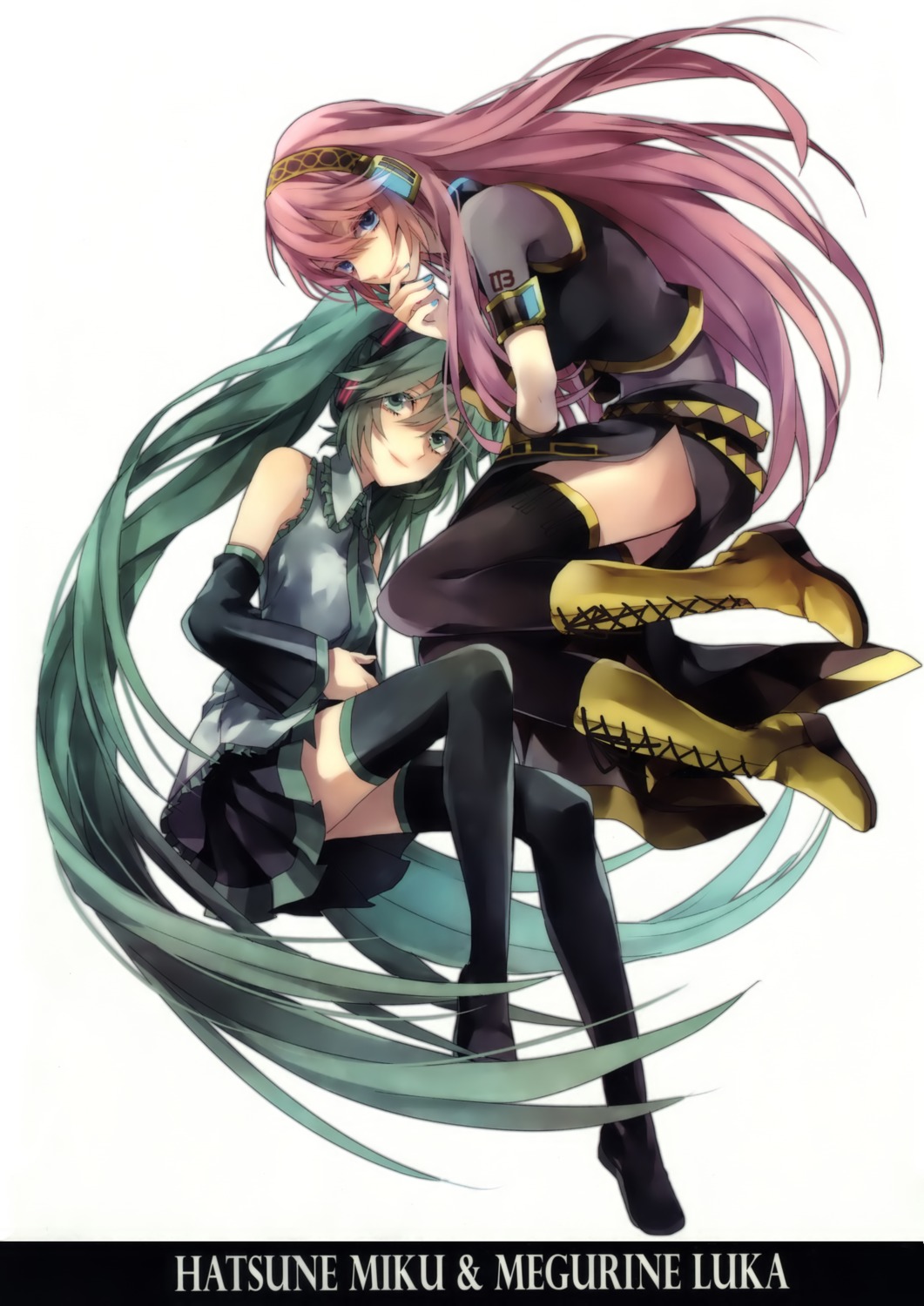hatsune_miku, megurine_luka, thighhighs, vocaloid, yuzuki_karu