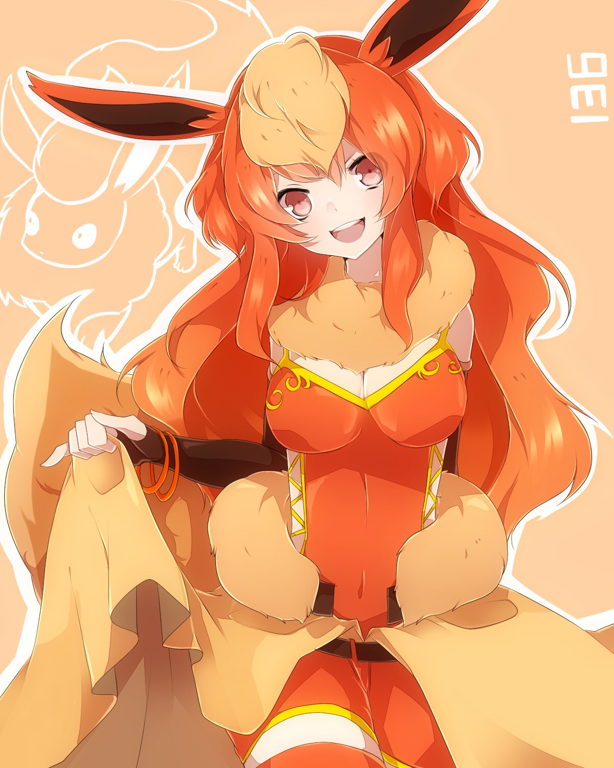 animal_ears, anthropomorphization, cleavage, flareon, pokemon, takeshima_eku, thighhighs