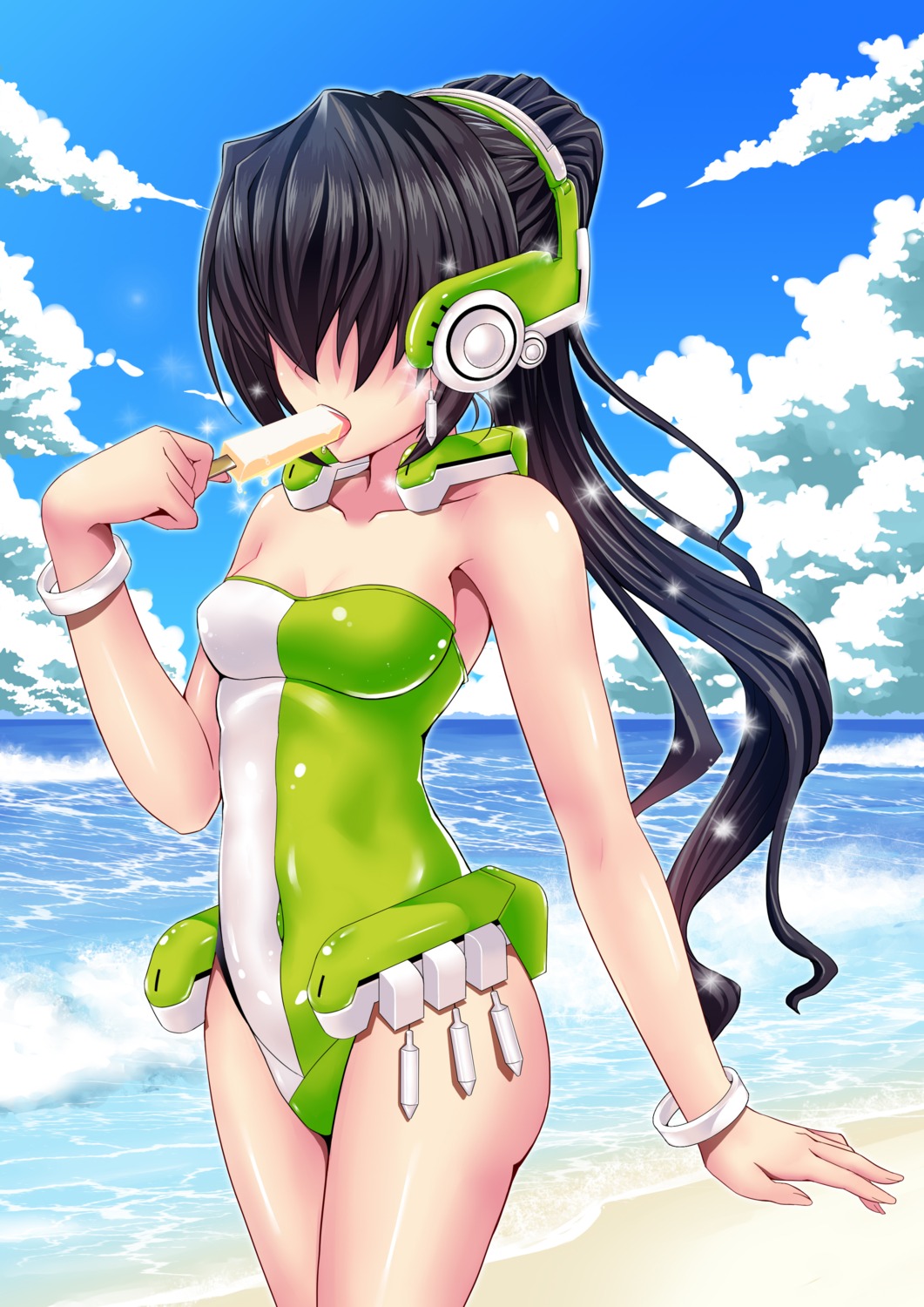 headphones, kyoukai_senjou_no_horizon, mizutsuki_rei, mukai_suzu, swimsuits
