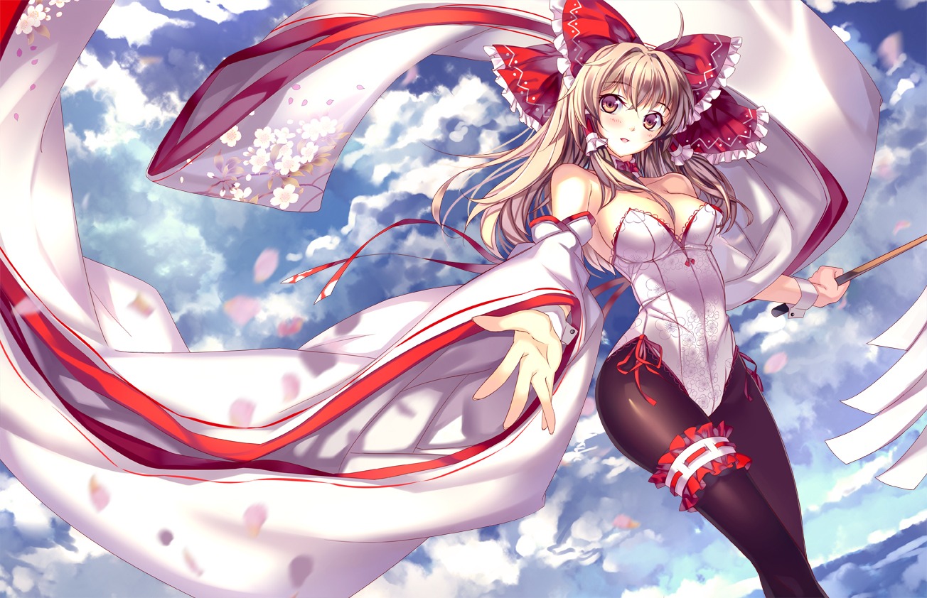 cleavage, garter, hakurei_reimu, miyazaki_byou, pantyhose, touhou