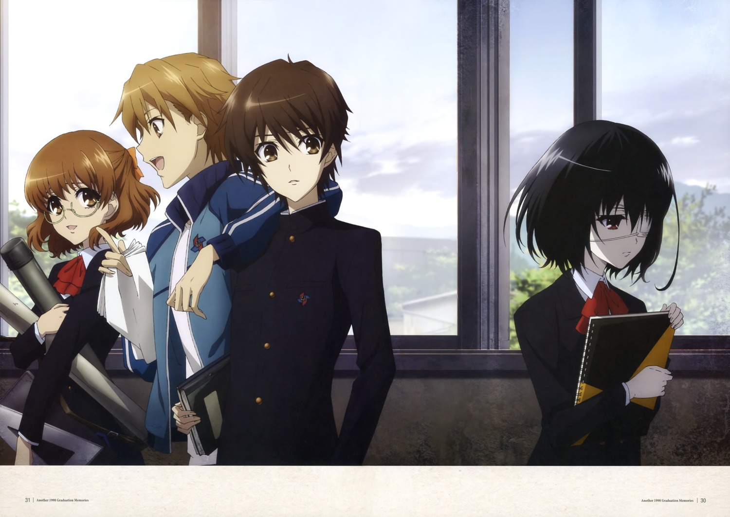 another, eyepatch, megane, misaki_mei, sakakibara_kouichi, sakuragi_yukari, screening, seifuku