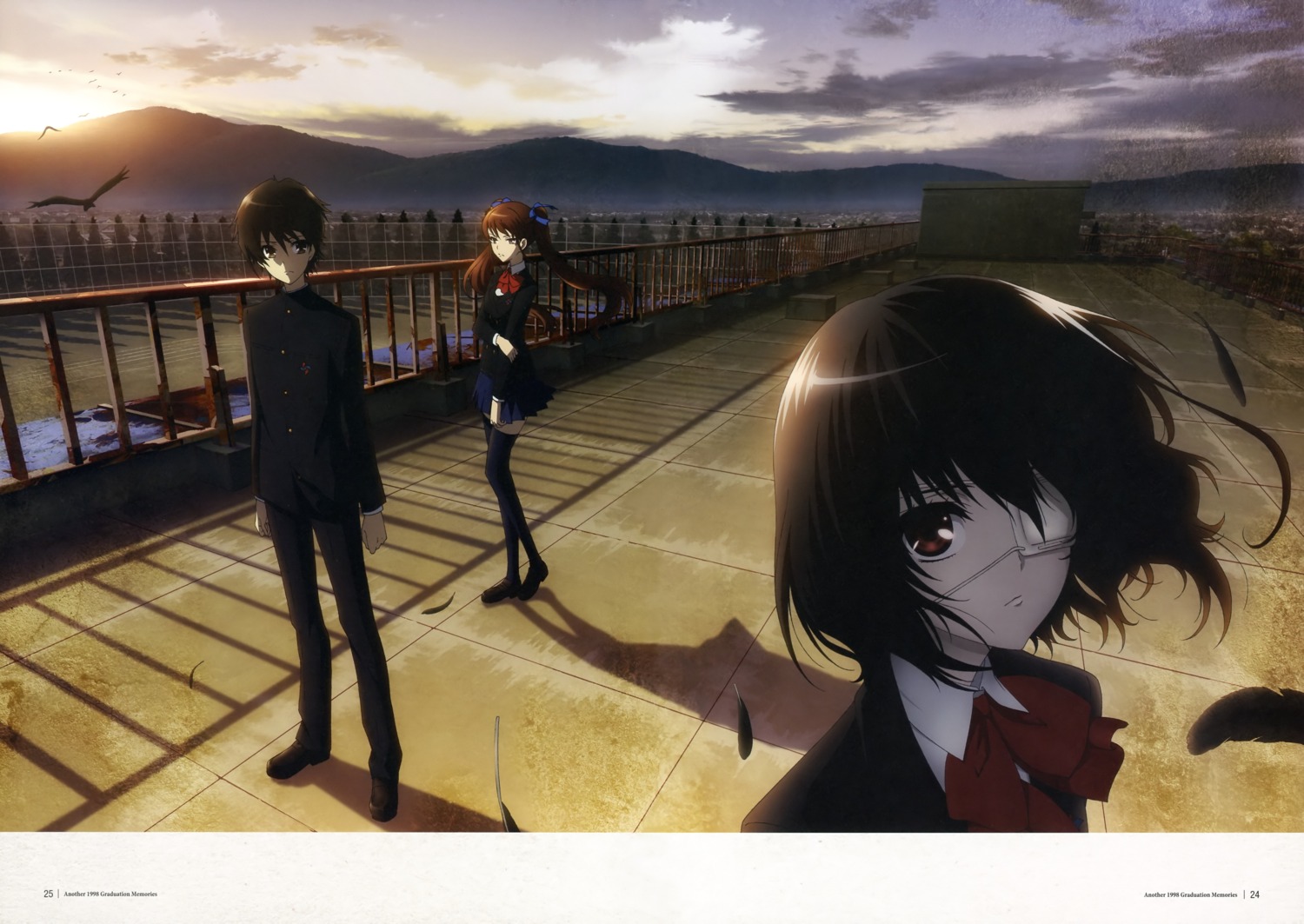 akazawa_izumi, another, eyepatch, misaki_mei, sakakibara_kouichi, screening, seifuku, thighhighs