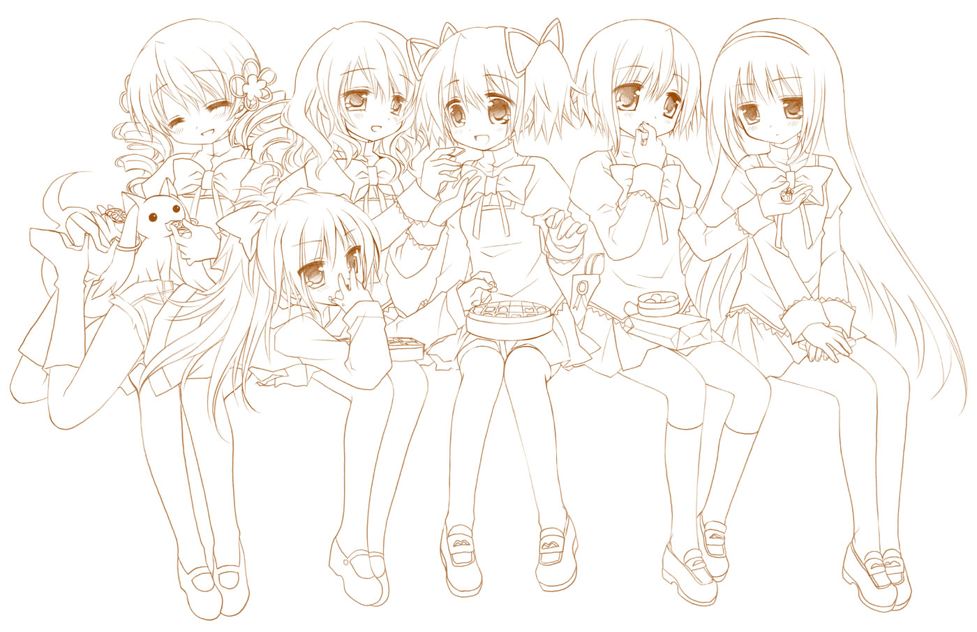 akemi_homura, jpeg_artifacts, kaname_madoka, kyubey, line_art, mahou_shoujo_madoka_magica, miki_sayaka, monochrome