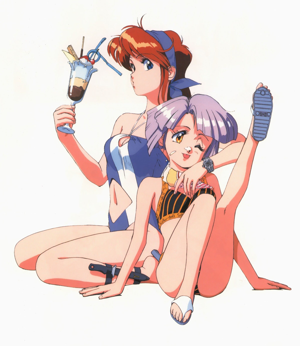 bikini, catty, cleavage, cream, feet, gall_force, sandy_newman, sonoda_kenichi, swimsuits