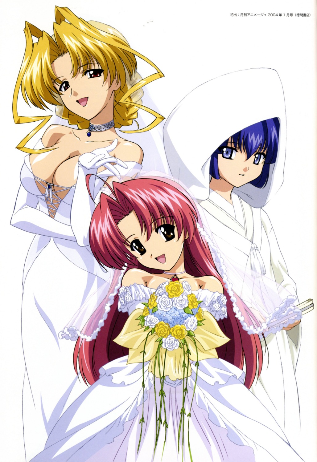 cleavage, dress, kamishiro_rin, kazetsubaki_kuriko, maburaho, miyama_yuuna, wedding_dress
