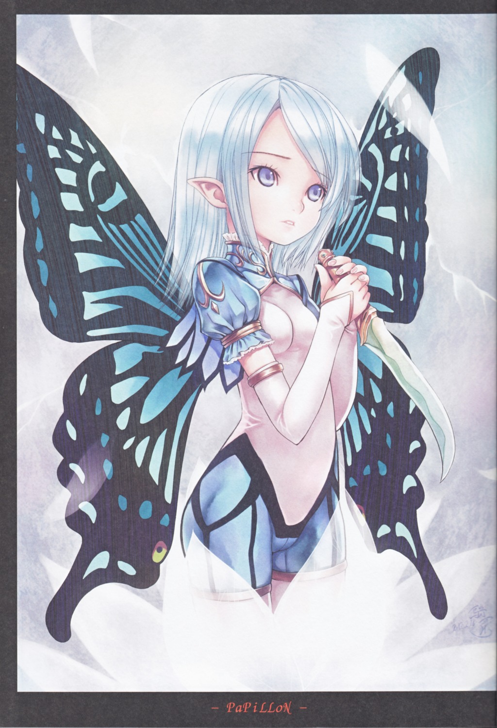 bodysuit, fairy, kiran, pointy_ears, weapon, wings