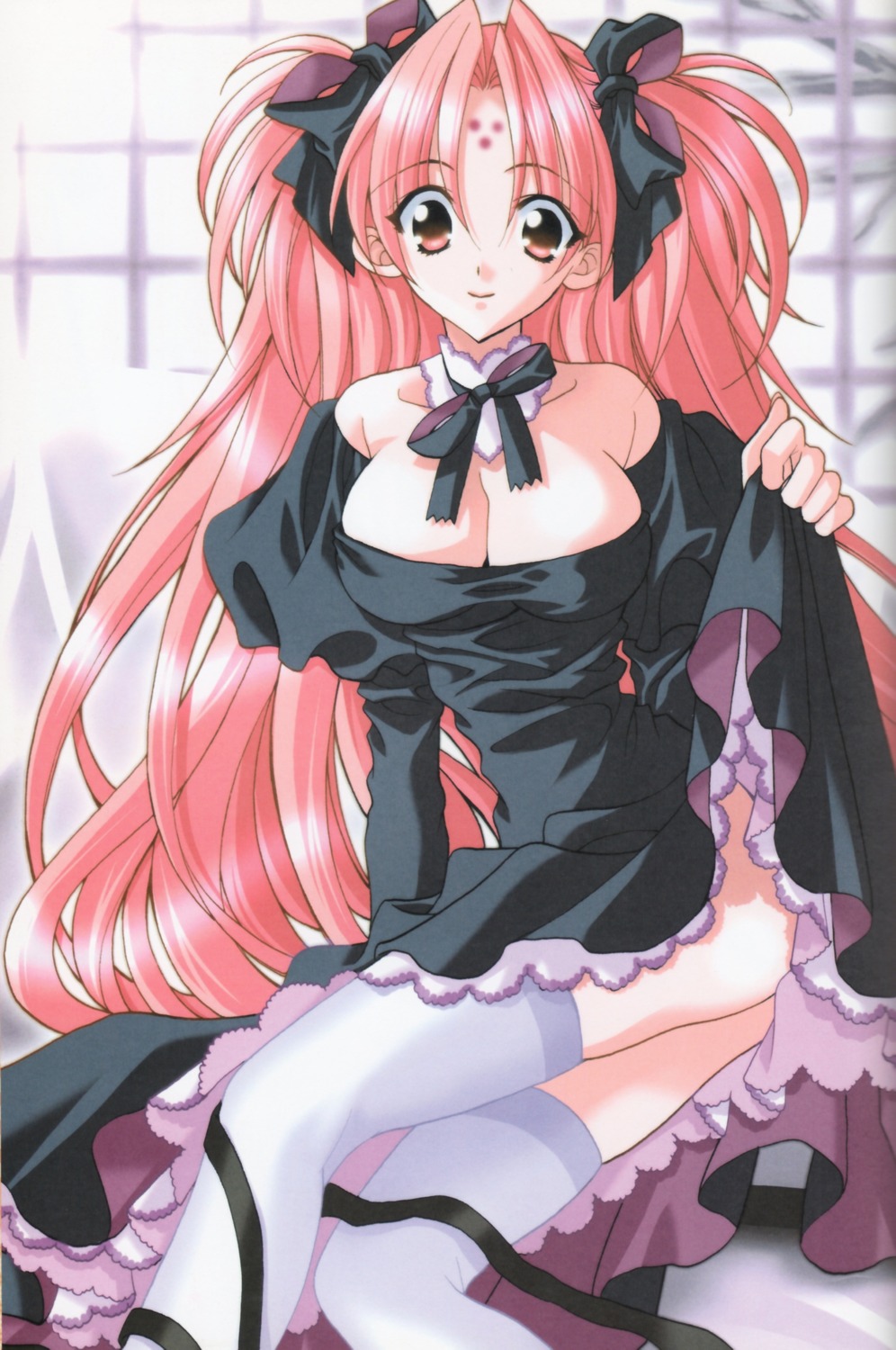 cleavage, girls_bravo, mario_kaneda, miharu_sena_kanaka, skirt_lift, thighhighs
