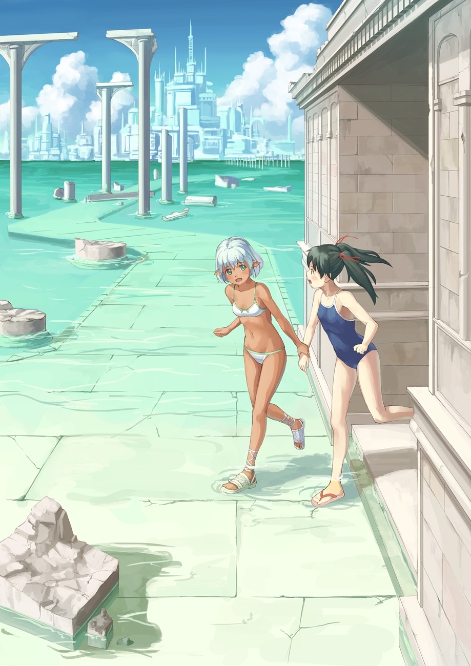 bikini, eichisu, elf, pointy_ears, school_swimsuit, swimsuits