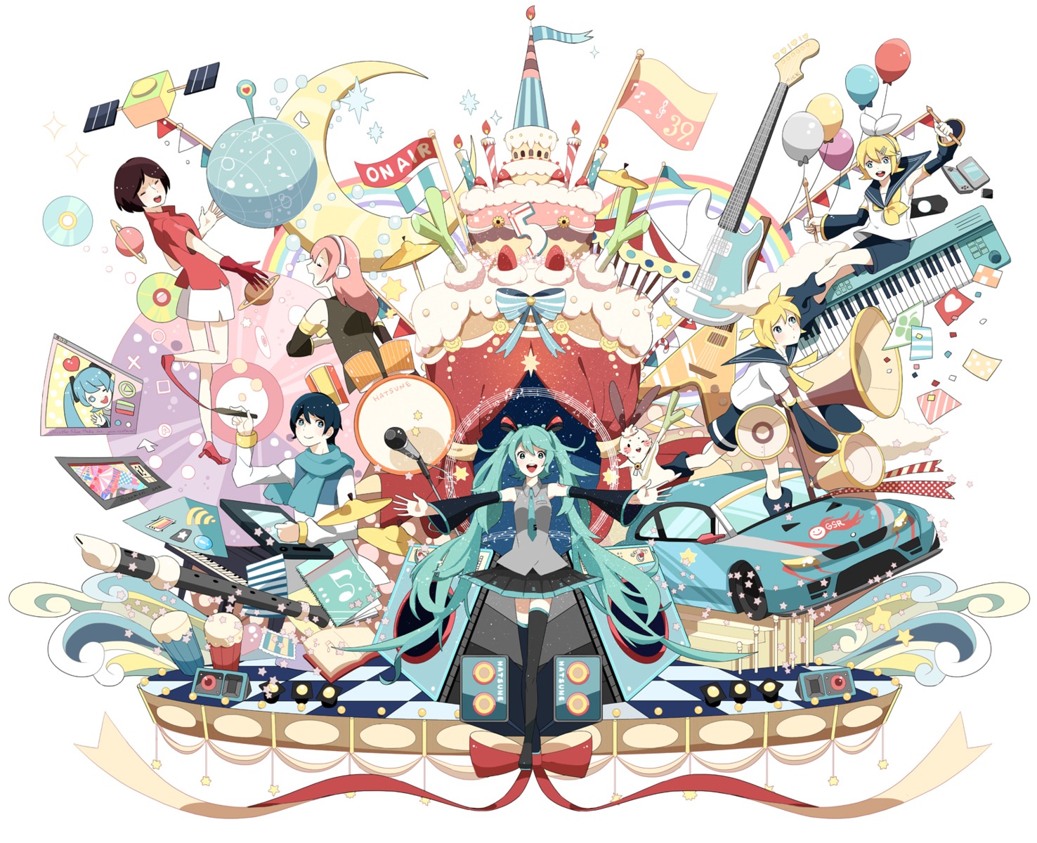 chamooi, guitar, hatsune_miku, headphones, kagamine_len, kagamine_rin, kaito, megurine_luka